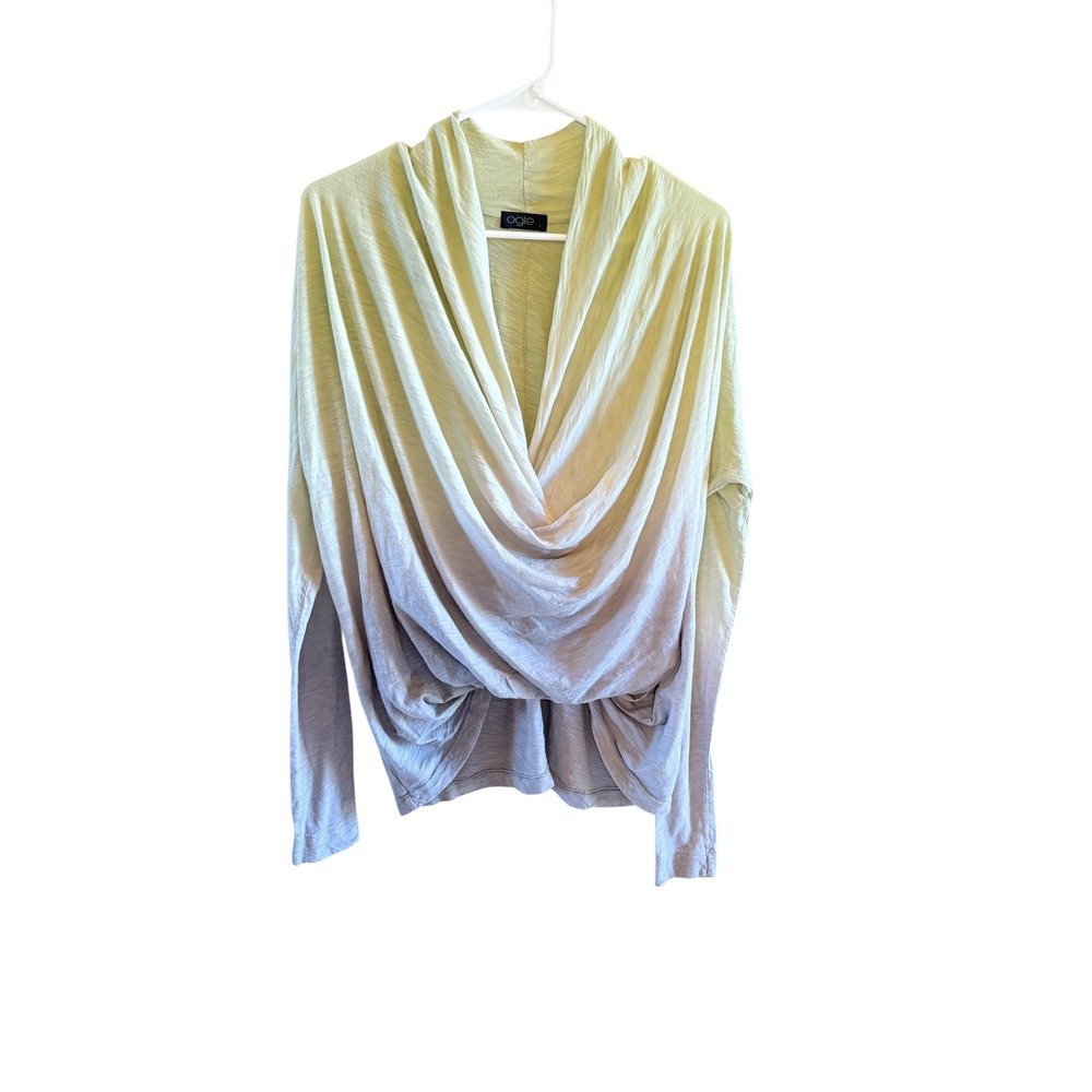 Ogle Womens Sz L Draped Neck Long Sleeve Ombre Faux Wrap Top Green Gray *mended